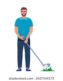 Golf player isolated. Young Man in Uniform Playing Golf on Course with Green Grass. Man holding golf club and preparing to hit the ball. Vector Illustration