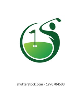 golf player logo with course silhouette