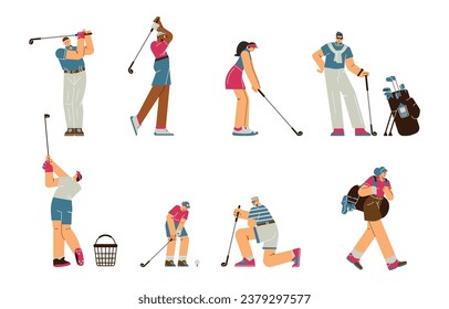 Golf player male and female characters cartoon flat vector illustration isolated on white background. Characters collection for golf sport club and open-air courses.