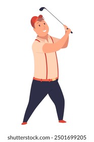 Golf player, male golfer on golf course. Thinking aiming to do good shot. Leisure sport, game on lawn on summer holiday. Flat vector illustration isolated on white background