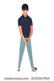 Golf player, male golfer on golf course. Thinking aiming to do good shot. Leisure sport, game on lawn on summer holiday. Flat vector illustration isolated on white background