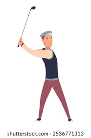 Golf player, male golfer on golf course. Thinking aiming to do good shot. Leisure sport, game on lawn on summer holiday. Flat vector illustration isolated on white background