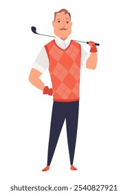 Jugador de golf, golfista masculino en campo de golf. Pensando con el objetivo de hacer un buen tiro. Deporte de ocio, juego en el césped en vacaciones de verano. Ilustración vectorial plana aislada sobre fondo blanco