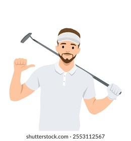 Golf player, male golfer on golf course. Thinking aiming to do good shot. Flat vector illustration isolated on white background