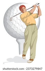 golf player male, swinging golf club with golf ball and tee in background
