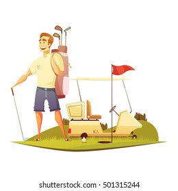 Golf player on course with bag cart and pin red flag near hole retro cartoon vector illustration