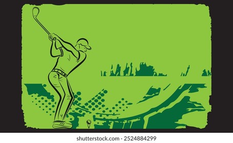 El jugador de golf en el fondo verde. Ilustración vectorial.