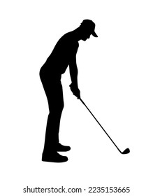 Golf player person silhouette. Vector simple shadow shape, flat black icon isolated on white background. Logo emblem design element. Sportive man, playing sport game.