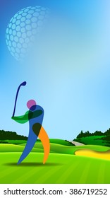 Golf player playing golf. Banner vector green tee background illustration