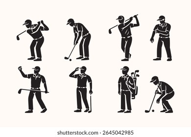 golf player poses icon set in silhouette style. golfer activity elements for sports design. flat black golfing figures in various actions like swinging, putting, preparing, and celebrating