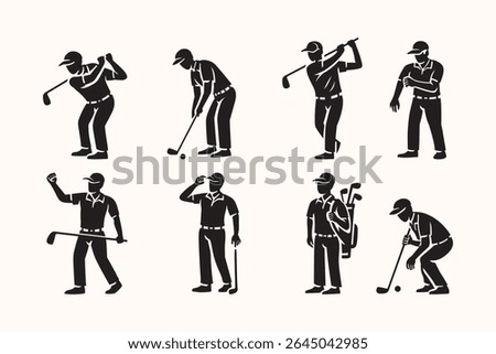 golf player poses icon set in silhouette style. golfer activity elements for sports design. flat black golfing figures in various actions like swinging, putting, preparing, and celebrating