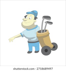Jugador de golf que tira de una Ilustración vectorial de la carretilla del bolso de golf