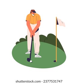 El jugador de golf puso una pelota en el agujero. Un golfista profesional de pie, un club en mano. Gente en entrenamiento de juegos deportivos. Las mujeres juegan con putter en el campo. Ilustración vectorial aislada plana sobre fondo blanco