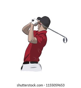 Golf player in red polo, isolated vector illustration. Golfer athlete