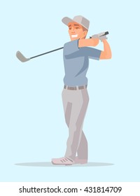 Golf player. Retro isolated golf player. Man play golf. Vector flat cartoon illustration
