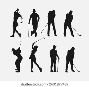 golf player silhouette collection. isolated on white background. sport theme, hobby. graphic vector illustration.