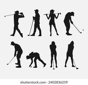 golf player silhouette collection. isolated on white background. sport theme, hobby. graphic vector illustration.