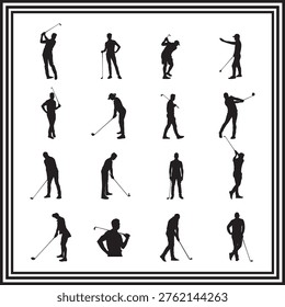Golf Player Silhouette Collection with Multiple Swing and Pose Variations Illustration