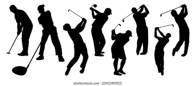 Golf Player Silhouette Collection - Various Poses Vector Illustration, Swinging, Putting, Holding Club