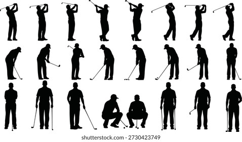 Colección de la silueta del jugador de golf, Ilustración vectorial de golfistas en diferentes poses, obras de arte de actividades deportivas, atleta profesional que practica swing y técnica de putting