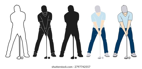 Golf player silhouette and colored s in casual posture. Five variations of a golfer ready to putt a golf ball.