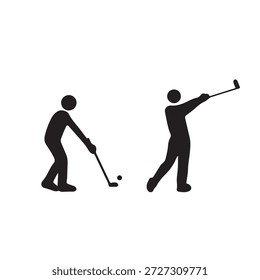 Golf Player Silhueta Ícone Set Isolado no Fundo Branco. Ilustração Vetorial do Clube de Golfista Masculino e Bola de Rebatidas. Símbolos de personagens esportivos minimalistas para App e Web Design.