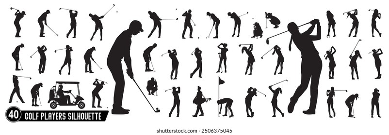 Golf player silhouette, male and female golf player silhouettes.