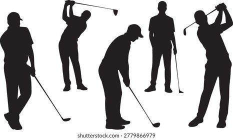Golf Player Silhouette Set: Professional Golfers Swinging and Putting Vector Illustration