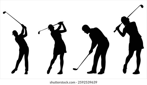 Golf Player Silhouette Set Vector Illustration Golfing Action Poses Golfer Swing Sports Silhouette Design