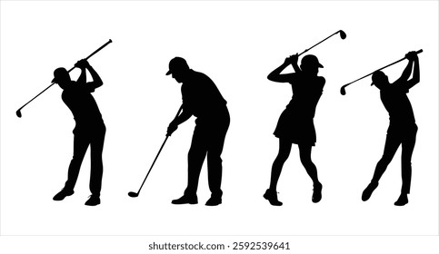 Golf Player Silhouette Set Vector Illustration Golfing Action Poses Golfer Swing Sports Silhouette Design