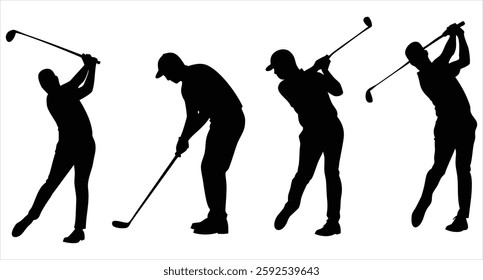 Golf Player Silhouette Set Vector Illustration Golfing Action Poses Golfer Swing Sports Silhouette Design