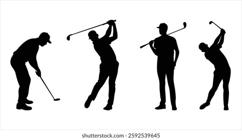 Golf Player Silhouette Set Vector Illustration Golfing Action Poses Golfer Swing Sports Silhouette Design