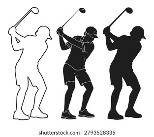 Golf player silhouette in three styles showing swing poses and stance. Of a man in cap and shorts.