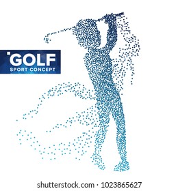 Golf Player Silhouette Vector. Grunge Halftone Dots. Golf Athlete In Action. Flying Particles. Sport Banner, Game Competitions, Event Concept. Isolated Abstract Illustration
 