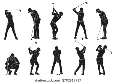 Golf player silhouette vector set with multiple poses. Sport actions and golfing equipment illustrated.