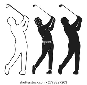 Golf player silhouettes with different poses. Vector set of golfers swinging golf club.