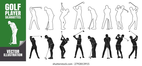 Golf player silhouettes in various poses and swings. Of golfers with clubs and ball.