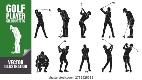 Golf player silhouettes in various putting and swinging poses. Vector collection of men playing golf.