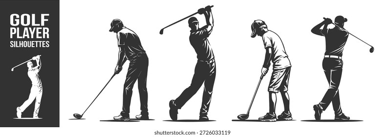 Conjunto de iconos de Vector de siluetas de jugador de golf, club de balanceo de golfistas profesionales y bola de putting, colección de acción deportiva clásica sobre fondo transparente
