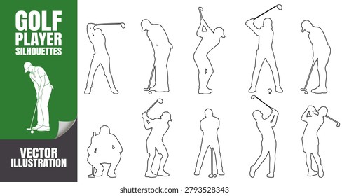 Golf player silhouettes vector set. Outline stroke illustrations of golfers in different stances.