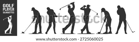 Golf player silhouettes vector set, monochrome professional golfers in swing and putting actions, classic sports figures isolated on transparent background
