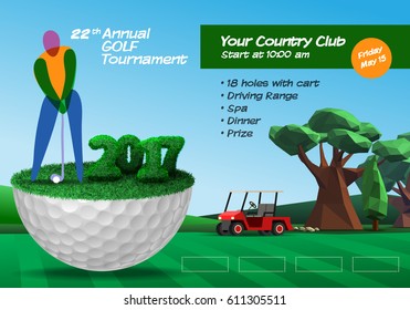 Golf Player Standing On Golf Ball. Golf Course Background. Horizontal Brochure Template Vector Illustration Clipart