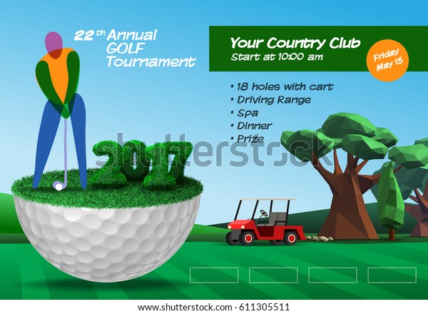 ゴルフボールの上に立つゴルフプレーヤー ゴルフコースの背景 横型パンフレットテンプレートのベクター画像イラストクリップアート のベクター画像素材 ロイヤリティフリー