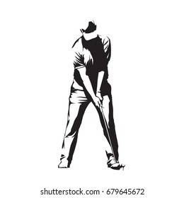 Golf player standing and preparing for golf swing ball, abstract vector silhouette