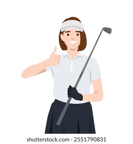 Golf player success woman giving thumbs up hand sign holding golf club. Flat vector illustration isolated on white background