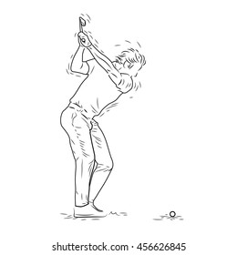 Golf Player in Swing Action, Hand Drawn Sketch