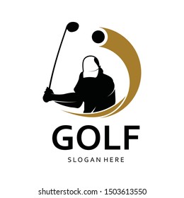 Golf Player Swing Hit The Ball Illustration Vector Logo Design Template