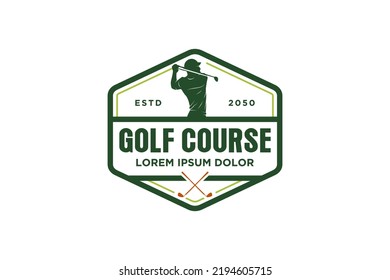 Golf player swings a golf club logo design silhouette illustration icon symbol sport  badge hexagon shape