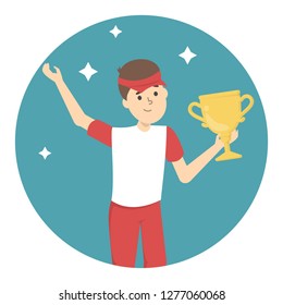 Golf player with a trophy cup. Happy champion with award. Competition winner. Idea of victory and success. Flat vector illustration