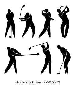 Golf player vector icon set silhouette black on white. Abstract player in gameplay